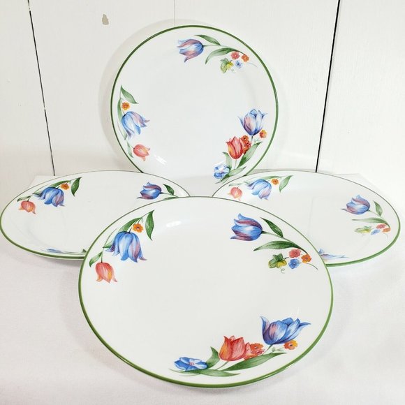 4 Corelle Fresh Cut 7.25" Bread Salad Dessert Plates Tulips green edge trim - Picture 1 of 7